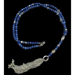 Bohemian Lucky Brand Lapis Lazuli Beaded Chain Tassel Necklace